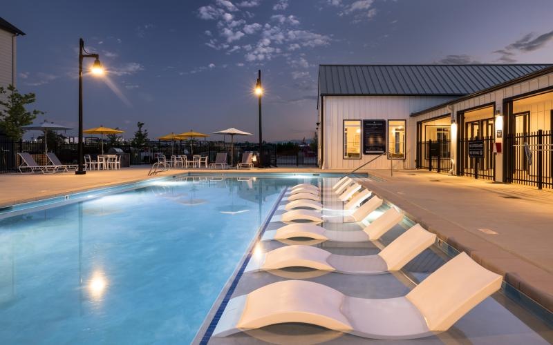 a swimming pool outside a building