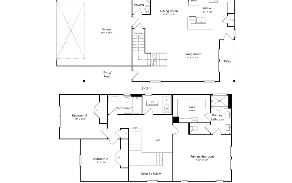 C2 - 3 bedroom floorplan layout with 2.5 bathrooms and 1652 square feet (2D)