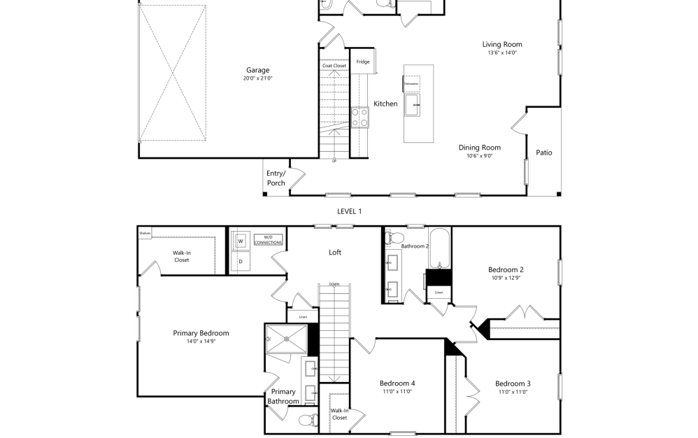 D1 - 4 bedroom floorplan layout with 2.5 bathrooms and 1784 square feet (2D)