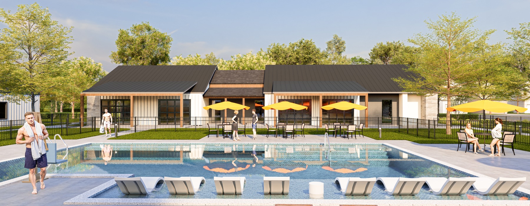 Aerial view of Cypress Heights amenity center with pool, pickleball court, outdoor seating, and clubhouse in Cypress, Texas