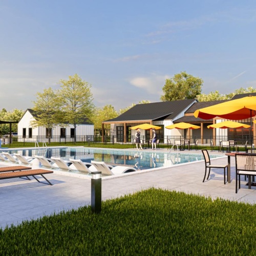 a pool with chairs and umbrellas