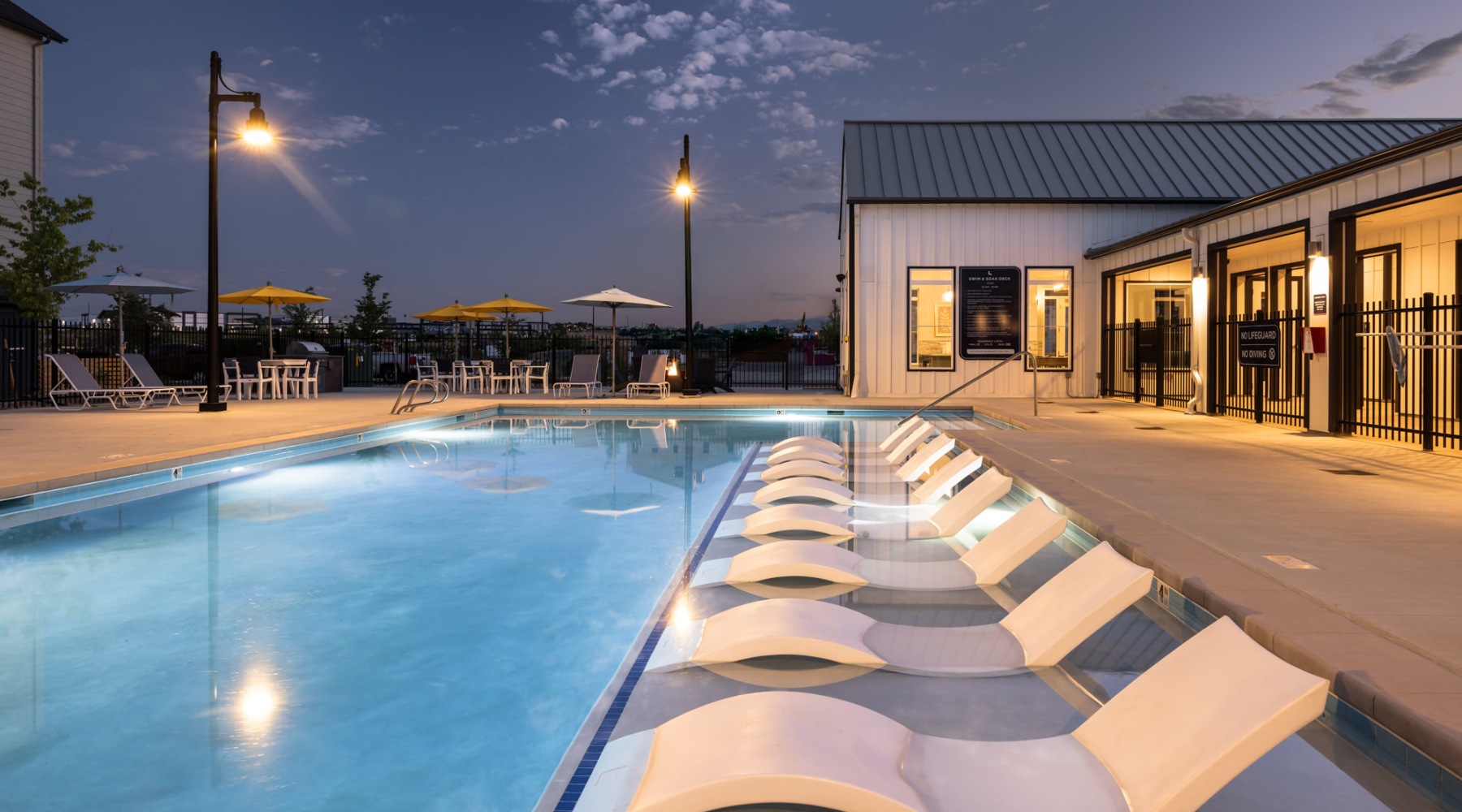 a swimming pool outside a building