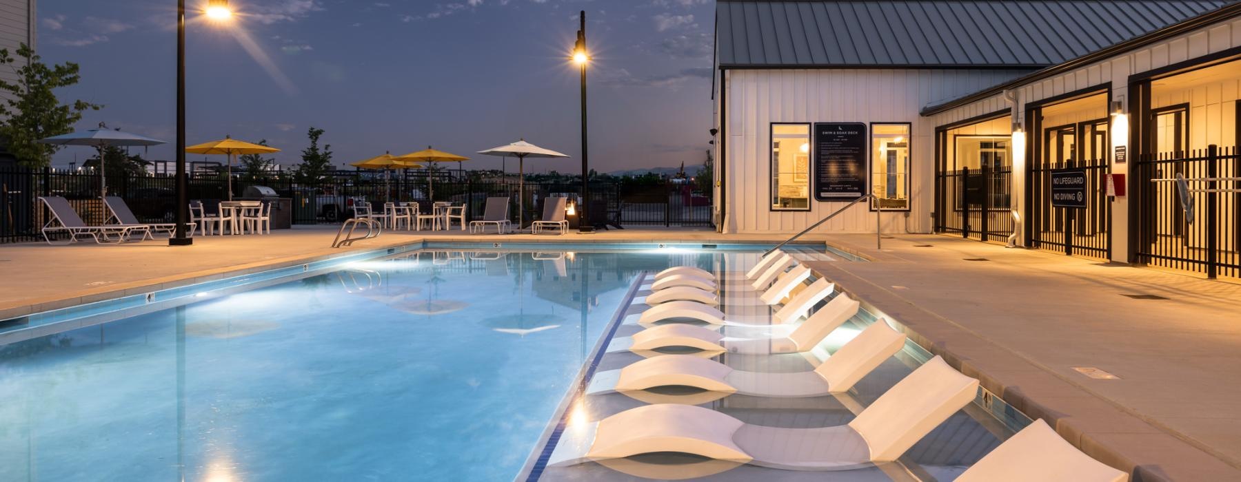 a swimming pool outside a building